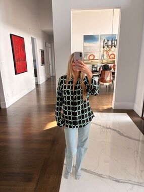 Michael Kors Black Grid-Print Button Front Blouse with Green Accents